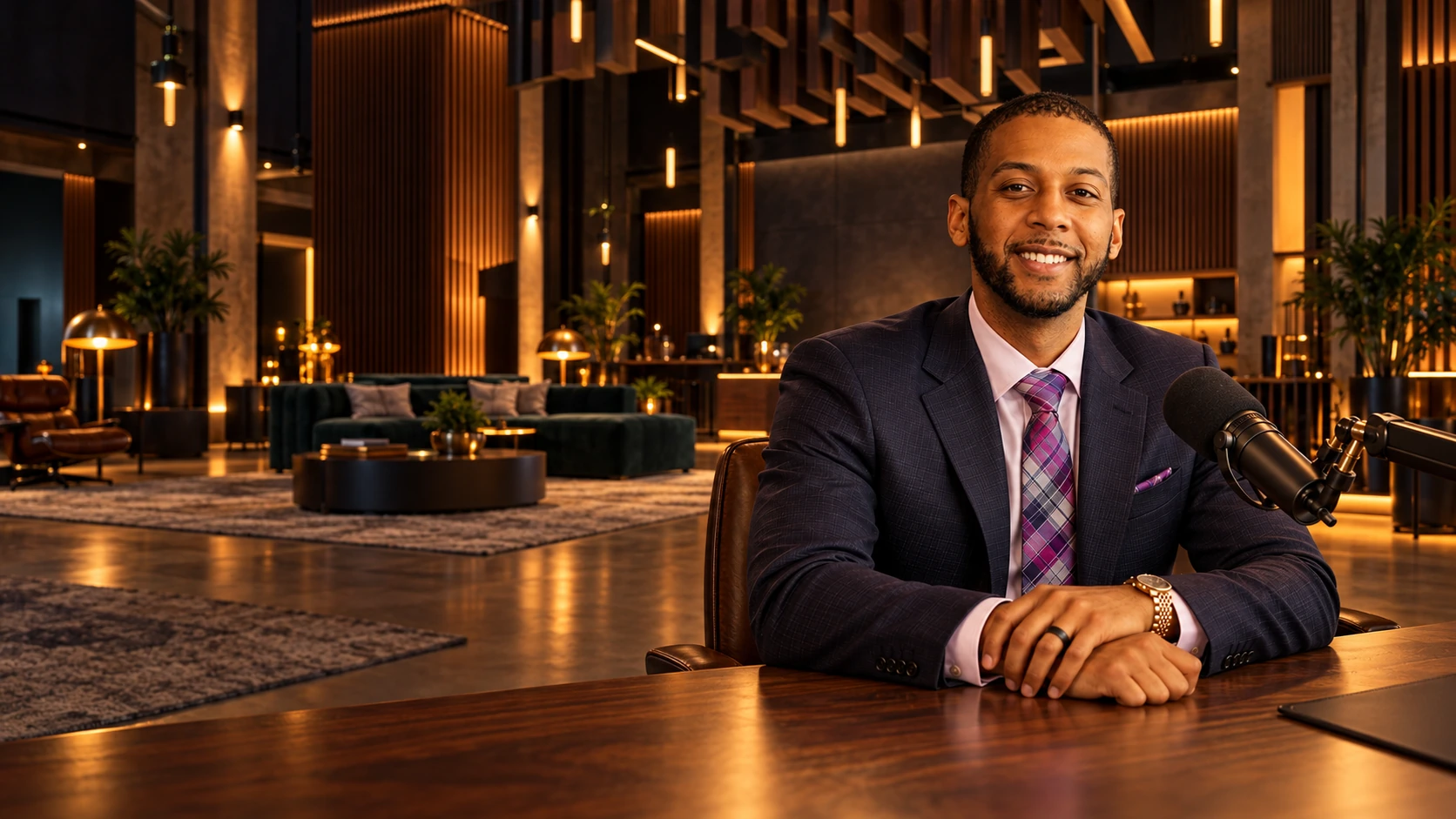 AI-created editorial scene of LeSean Shaw in a spacious open-plan premium podcast studio interior.